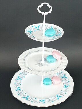 Handmade 3 Tier Bone China Cake Stand Paragon Grosvenor Blue Tea Party Server